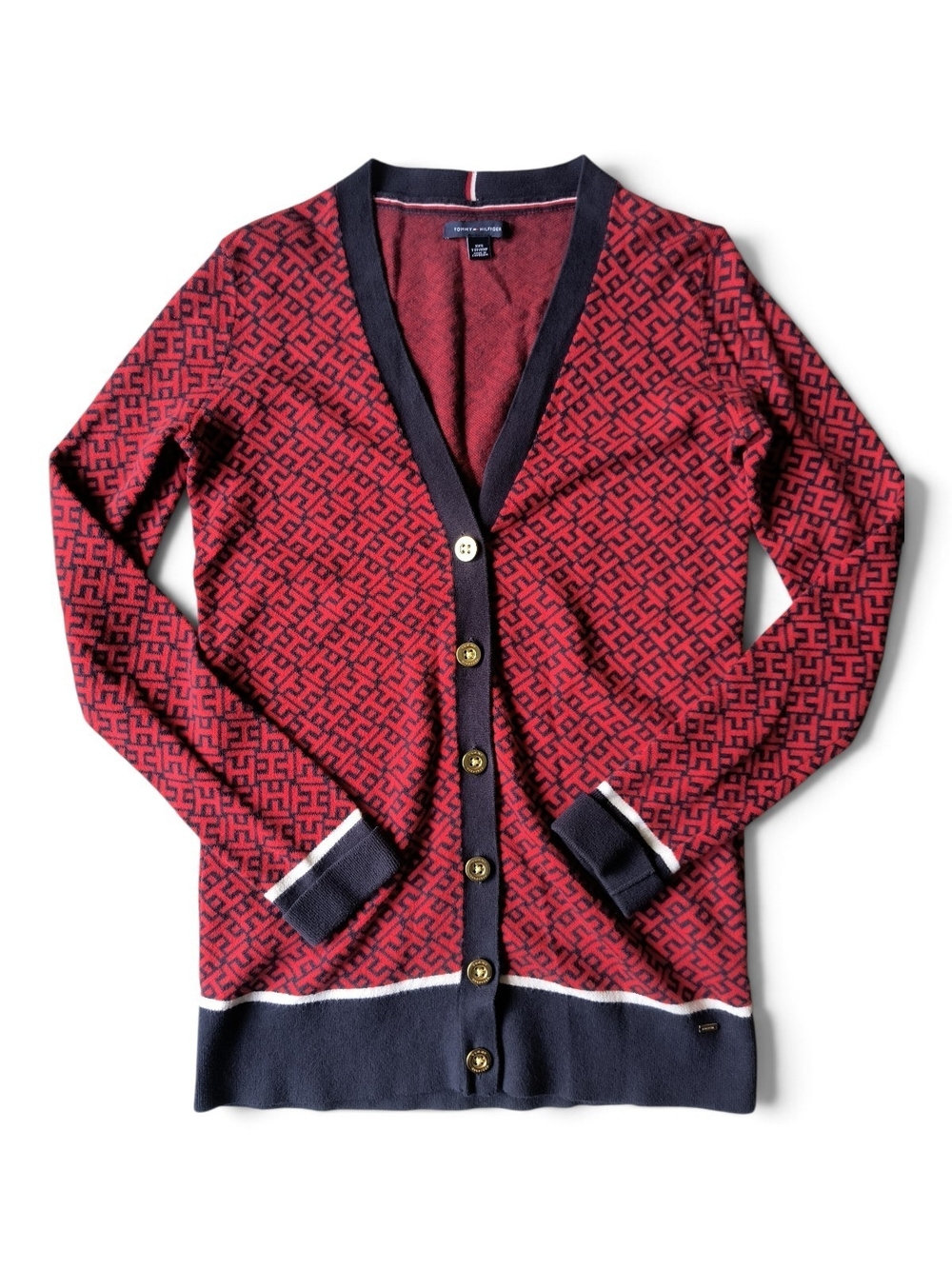 Tommy Hilfiger Red & Navy Blue TH Monogram Button Cardigan - Size XS